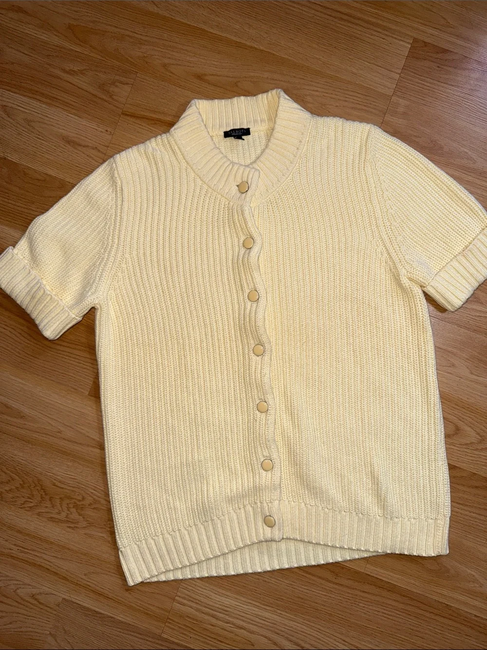 Talbots Yellow Short-Sleeve Button-Up Knit Sweater Enamel Buttons Medium Soft